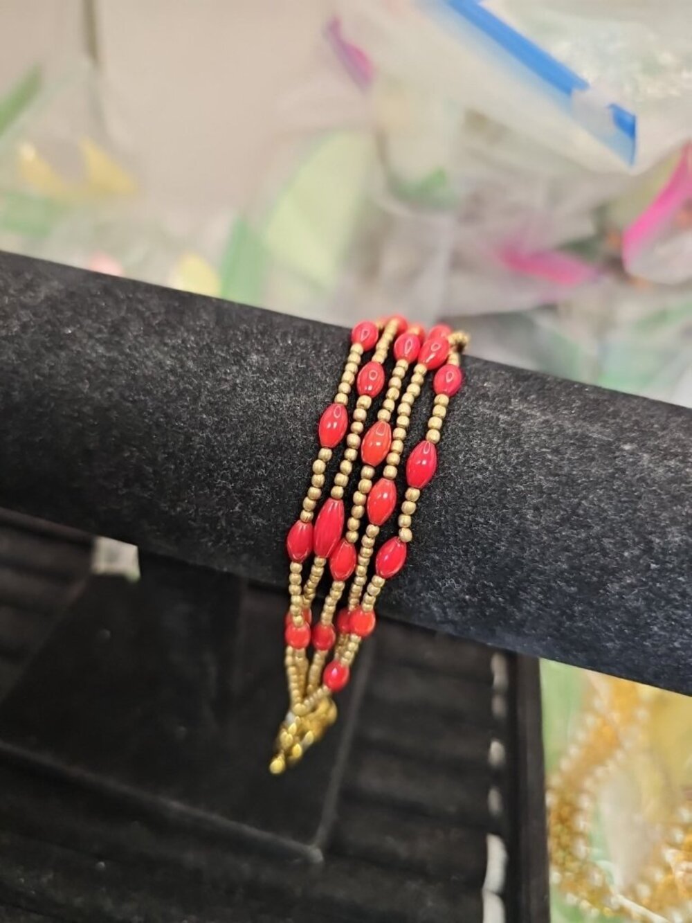 Bracelet Gold Color Seed Beads Red Elongated Beads  4 Multi Strand  Large...